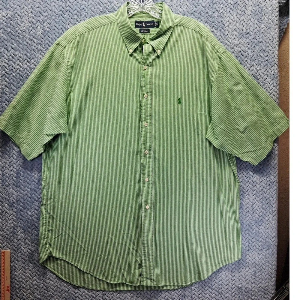 Ralph Lauren Yarmouth Mens 17.5 Green Striped 36/37 Button Down Shirt Preppy